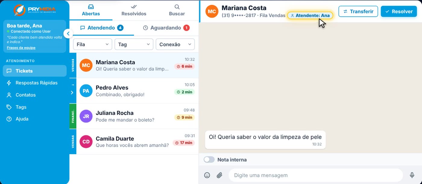 Tela de atendimentos do CRM Prymidia